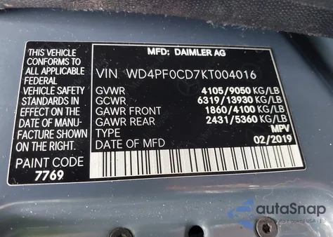 2019 Mercedes-Benz Sprinter 2500 Standard Roof V6 from USA, damaged, VIN WD4PF0CD7KT004016